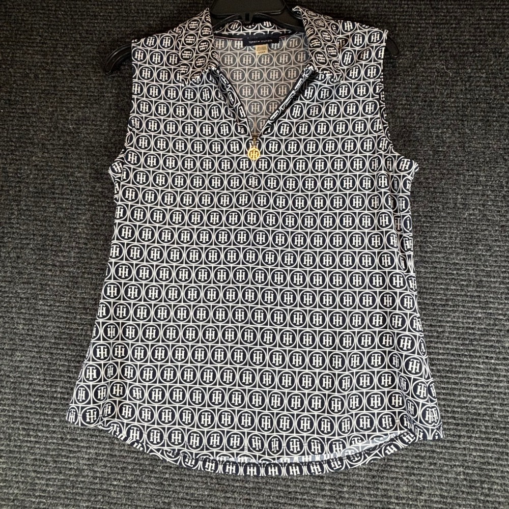 Tommy Hilfiger Womens Navy Blue White Monogram Sleeveless Quarter Zip Blouse S